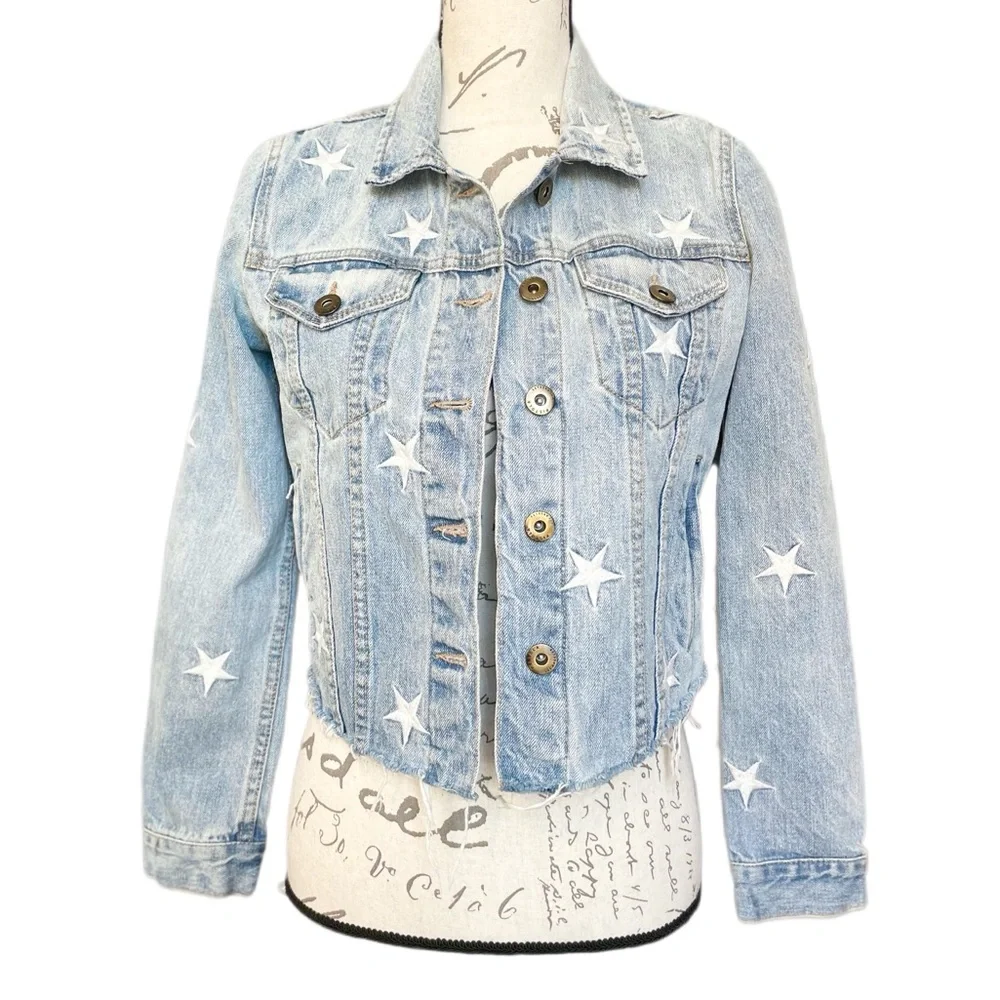 Pistola Brando Star Embroidery Cropped Denim Jacket Zodiac Wash - S
